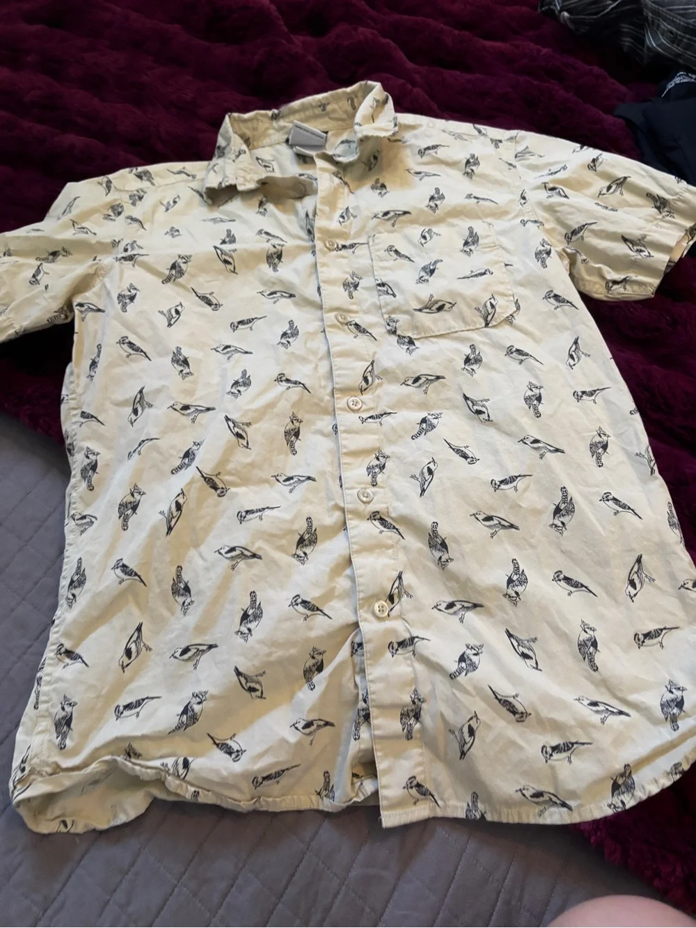 North Face Cream Short-Sleeve Button-Up Shirt with Black Bird Print worn once